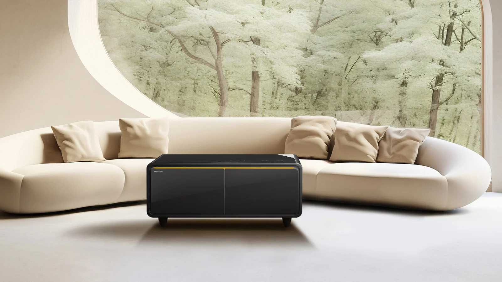 Умный журнальный столик с холодильником HIBERG X2 FB в интерьере