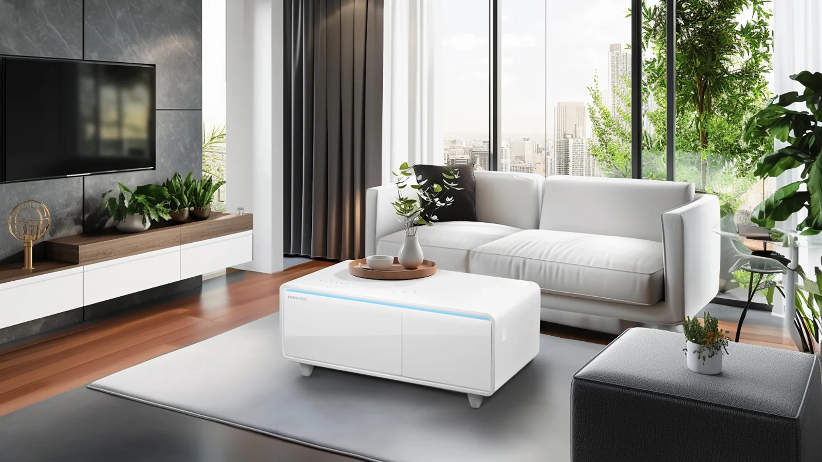 Умный журнальный столик с холодильником HIBERG X2 FW в интерьере