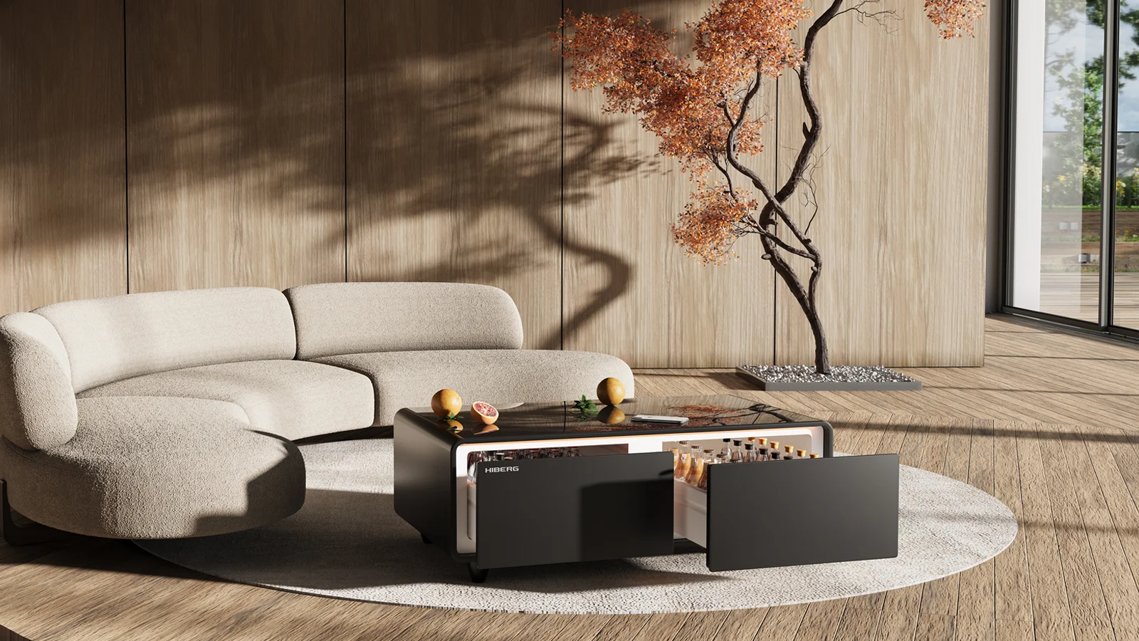 Умный журнальный столик с холодильником HIBERG X3 MB в интерьере