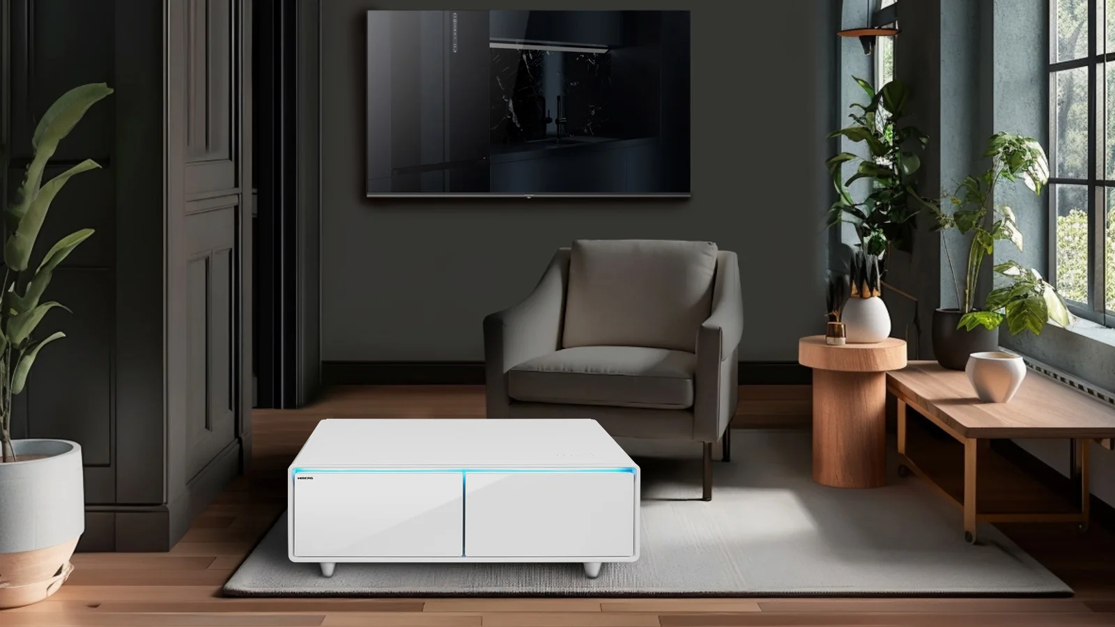 Умный журнальный столик с холодильником HIBERG X3 MW в интерьере