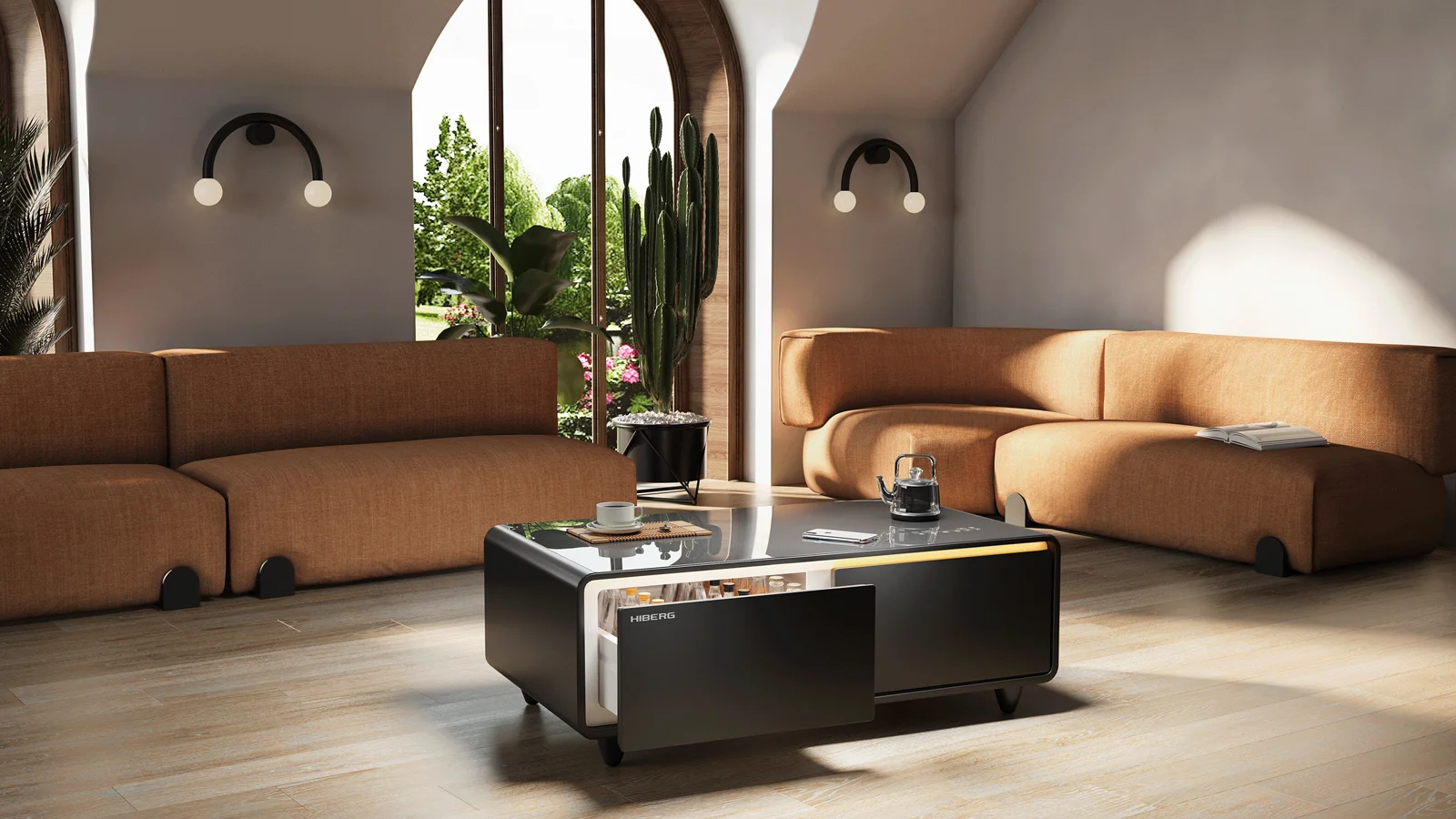 Умный журнальный столик с холодильником HIBERG X3 TB в интерьере