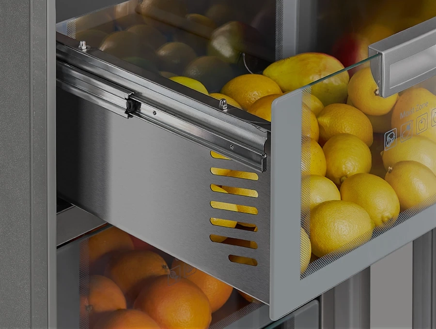 Преимущество Встраиваемый холодильник HIBERG i-RFB 35 NF - Ящики из нержавеющей стали и закаленного стекла 